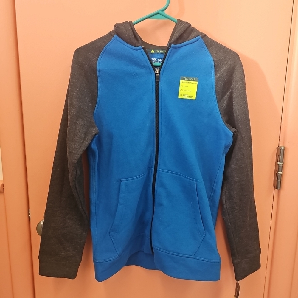 NWT Boys Large Tek Gear Ultra Soft Fleece Zip-Up Hoodie Jacket Blue & Gray